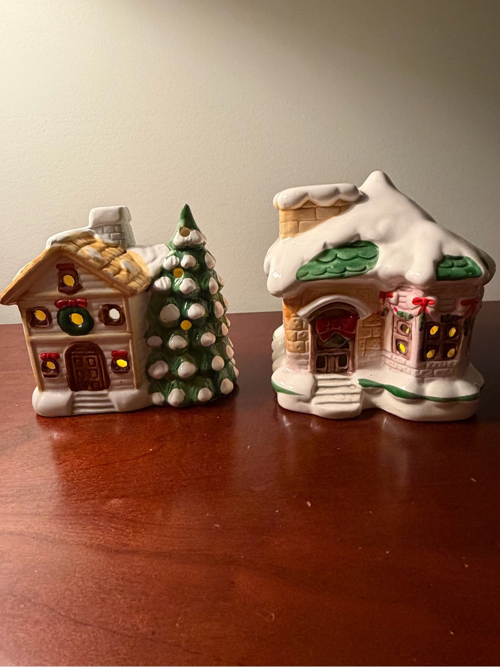 Hand-Painted Ceramic Holiday Village Houses and Tree - White & Green